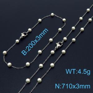 Women Stainless Steel&Pearls Link Jewelry Set with 710mm Necklace&200mm Bracelet - KS215499-Z
