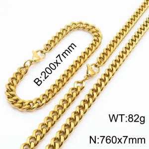 European and American hip-hop style double-sided polished Cuban chain stainless steel men's bracelet necklace 2-piece set - KS215678-Z