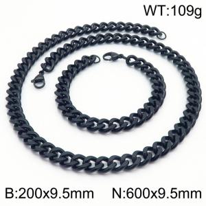 9.5mm Stainless Steel jewelry sets for men women twist cuban chain black bracelet & necklace - KS215703-Z