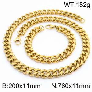 11mm stainless steel jewelry sets  for men punk cuban chain gold color bracelet & necklace - KS215741-Z