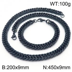 9*200/450mm Simple vacuum electroplating black whip chain stainless steel men's bracelet necklace set - KS215992-Z