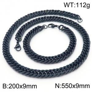 9*200/550mm Simple vacuum electroplating black whip chain stainless steel men's bracelet necklace set - KS215994-Z