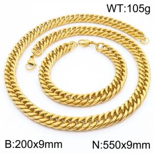 9*200/550mm Simple Vacuum Plating Gold Whip Chain Stainless Steel Men's Bracelet Necklace Set - KS216001-Z