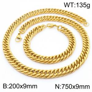 9*200/750mm Simple Vacuum Plating Gold Whip Chain Stainless Steel Men's Bracelet Necklace Set - KS216005-Z