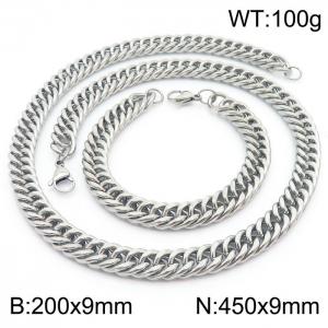 9*200/450mm Simple Silver Whip Chain Stainless Steel Men's Bracelet Necklace Set - KS216006-Z