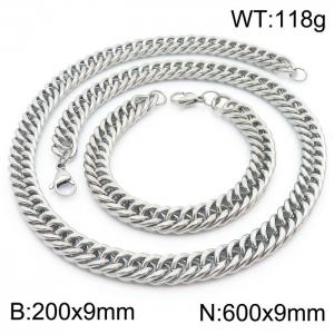 9*200/600mm Simple Silver Whip Chain Stainless Steel Men's Bracelet Necklace Set - KS216009-Z