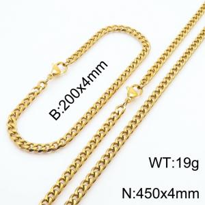 Wholesale Simple Jewelry Set 4mm Wide Cuban Chain 18k Gold Plated Stainless Steel Bracelet Necklace - KS216121-Z