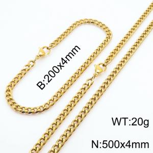 Wholesale Simple Jewelry Set 4mm Wide Cuban Chain 18k Gold Plated Stainless Steel Bracelet Necklace - KS216122-Z