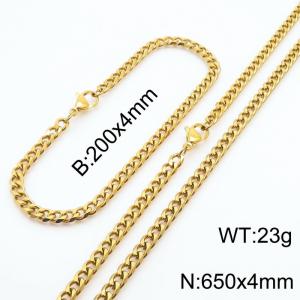Wholesale Simple Jewelry Set 4mm Wide Cuban Chain 18k Gold Plated Stainless Steel Bracelet Necklace - KS216125-Z