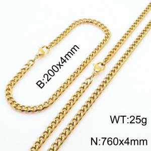 Wholesale Simple Jewelry Set 4mm Wide Cuban Chain 18k Gold Plated Stainless Steel Bracelet Necklace - KS216127-Z
