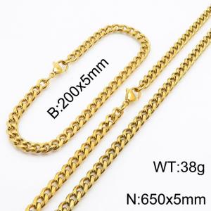 Wholesale Simple Jewelry Set 5mm Wide Cuban Chain 18k Gold Plated Stainless Steel Bracelet Necklace - KS216146-Z