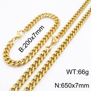 7mm Stylish and minimalist stainless steel gold Cuban chain bracelet necklace jewelry set - KS216188-Z