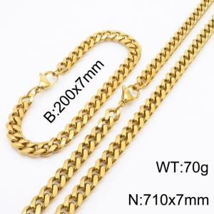 7mm Stylish and minimalist stainless steel gold Cuban chain bracelet necklace jewelry set - KS216189-Z