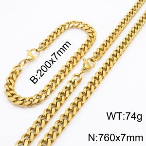7mm Stylish and minimalist stainless steel gold Cuban chain bracelet necklace jewelry set - KS216190-Z