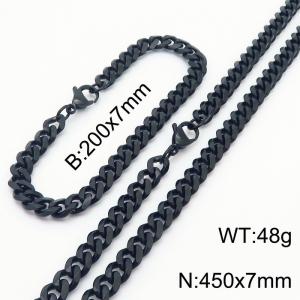 7mm Stylish and minimalist stainless steel black Cuban chain bracelet necklace jewelry set - KS216191-Z