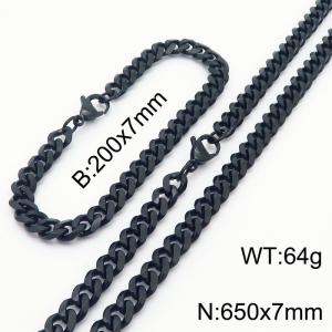 7mm Stylish and minimalist stainless steel black Cuban chain bracelet necklace jewelry set - KS216196-Z