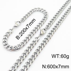 7mm Fashionable and minimalist stainless steel Cuban chain bracelet necklace jewelry set in silver - KS216201-Z