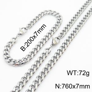 7mm Fashionable and minimalist stainless steel Cuban chain bracelet necklace jewelry set in silver - KS216204-Z