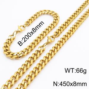 8mm Stylish and minimalist stainless steel gold Cuban chain bracelet necklace jewelry set - KS216205-Z