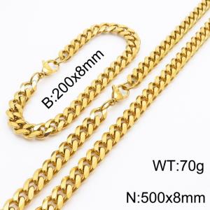 8mm Stylish and minimalist stainless steel gold Cuban chain bracelet necklace jewelry set - KS216206-Z