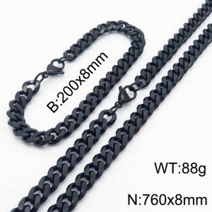 8mm Stylish and minimalist stainless steel black Cuban chain bracelet necklace jewelry set - KS216218-Z