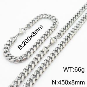 8mm Fashionable and minimalist stainless steel Cuban chain bracelet necklace jewelry set in silver - KS216219-Z
