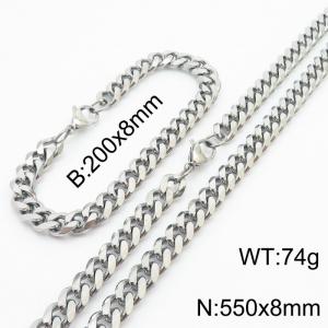 8mm Fashionable and minimalist stainless steel Cuban chain bracelet necklace jewelry set in silver - KS216221-Z