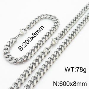 8mm Fashionable and minimalist stainless steel Cuban chain bracelet necklace jewelry set in silver - KS216222-Z