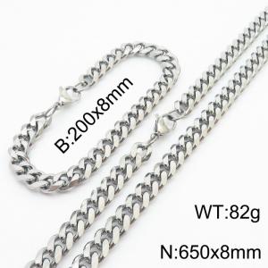 8mm Fashionable and minimalist stainless steel Cuban chain bracelet necklace jewelry set in silver - KS216223-Z