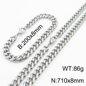 8mm Fashionable and minimalist stainless steel Cuban chain bracelet necklace jewelry set in silver - KS216224-Z