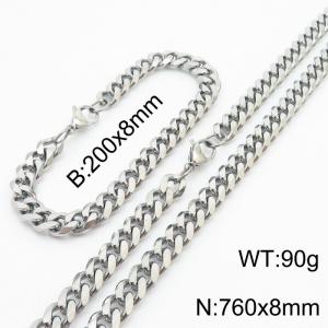 8mm Fashionable and minimalist stainless steel Cuban chain bracelet necklace jewelry set in silver - KS216225-Z