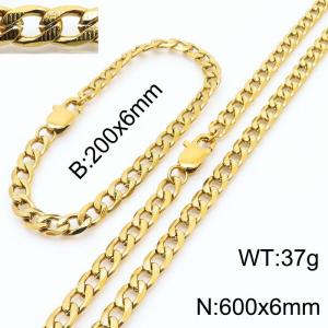 600mm Stainless Steel Set Necklace Blacelet Cuban Link Chain Gold Color - KS216344-Z