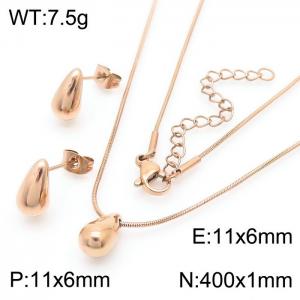 European and American fashion stainless steel snake bone chain water drop pendant temperament versatile rose gold necklace&earring set - KS216503-KFC