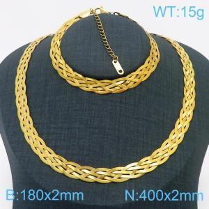 Stainless Steel Braided Herringbone Necklace Set for Women Gold - KS216616-Z