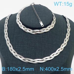 Stainless Steel Braided Herringbone Necklace Set for Women Silver - KS216637-Z