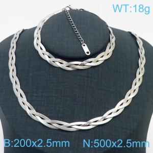 Stainless Steel Braided Herringbone Necklace Set for Women Silver - KS216639-Z