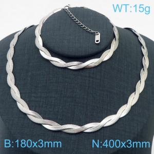 Stainless Steel Braided Herringbone Necklace Set for Women Silver - KS216649-Z