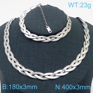 Stainless Steel Braided Herringbone Necklace Set for Women Silver - KS216655-Z