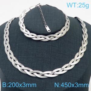 Stainless Steel Braided Herringbone Necklace Set for Women Silver - KS216656-Z