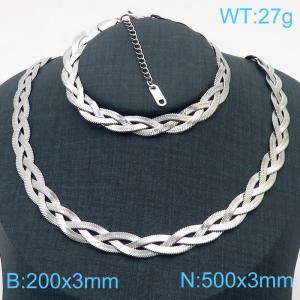 Stainless Steel Braided Herringbone Necklace Set for Women Silver - KS216657-Z