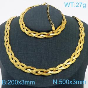 Stainless Steel Braided Herringbone Necklace Set for Women Gold - KS216660-Z