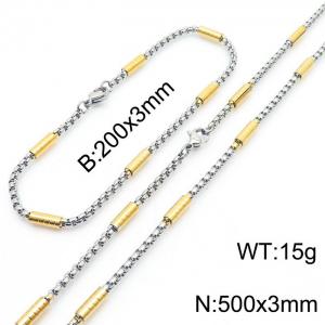 Round tube square pearl 200x3mm stainless steel bracelet 500x3mm necklace set - KS216668-Z