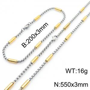 Round tube square pearl 200x3mm stainless steel bracelet 550x3mm necklace set - KS216669-Z