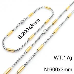 Round tube square pearl 200x3mm stainless steel bracelet 600x3mm necklace set - KS216670-Z