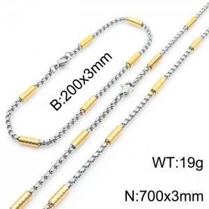 Round tube square pearl 200x3mm stainless steel bracelet 700x3mm necklace set - KS216672-Z
