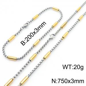 Round tube square pearl 200x3mm stainless steel bracelet 750x3mm necklace set - KS216673-Z