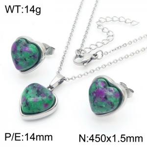 Love Green Stone Earrings Stainless Steel 450x1.5mm Necklace Set - KS216678-Z