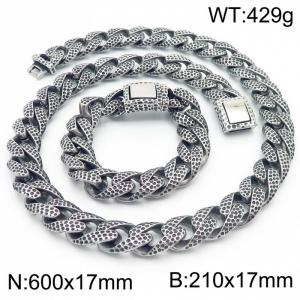 Men Stainless Steel Dotted Surface Cuban Chain Jewelry Set with 210mm Bracelet&600mm Necklace - KS216683-KJX