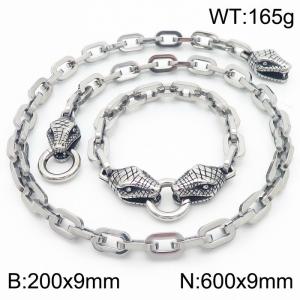 Personalized Cool Style Square Thread O-shaped Chain Snake Head Round Buckle Bracelet Necklace Set of Two - KS217053-Z