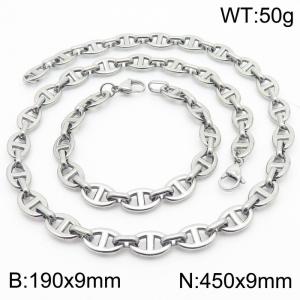 Silver Color 190x9mm Bracelet 450X9mm Necklace Lobster Clasp Pig Nose Link Chain Jewelry Set For Women Men - KS217066-Z